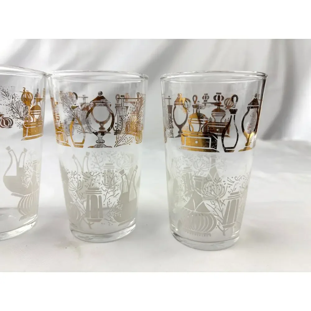 Vintage Federal Glass Tumblers Set of 4 Clear Drinking Glass Gold Accent Design‎